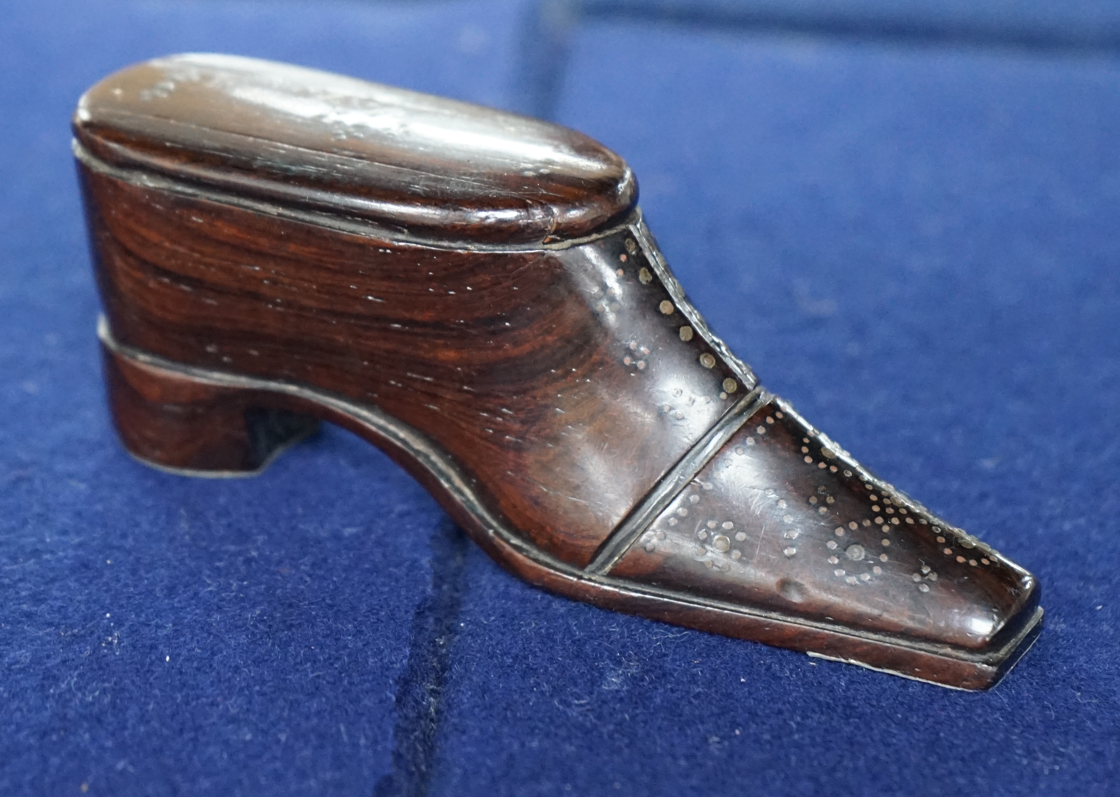 A 19th century rosewood and pique work snuff shoe, 11cm long. Condition - fair to good